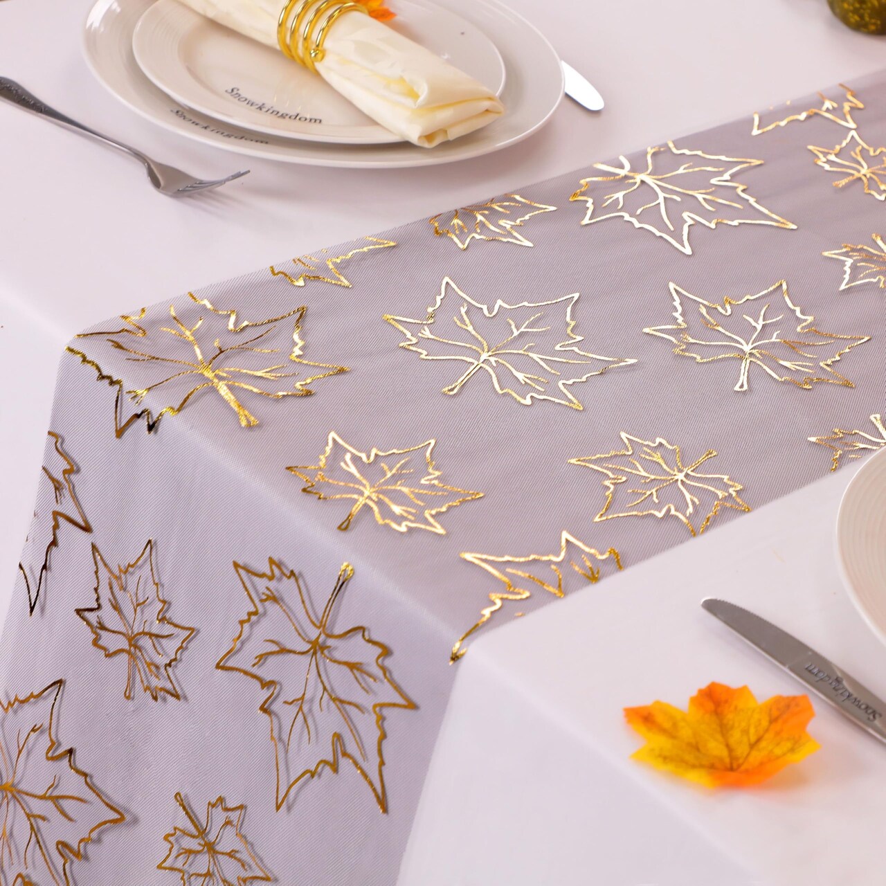 Fall Table Runners, Gold Maple Leaves Thanksgiving Table Decorations for Autumn Harvest Sequin Glitter Lightweight Black Thin Mesh Sparkle Farmhouse Dining Party Decor 120 Inch